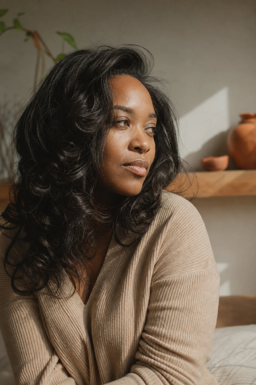 A curly blowout with defined, bouncy curls